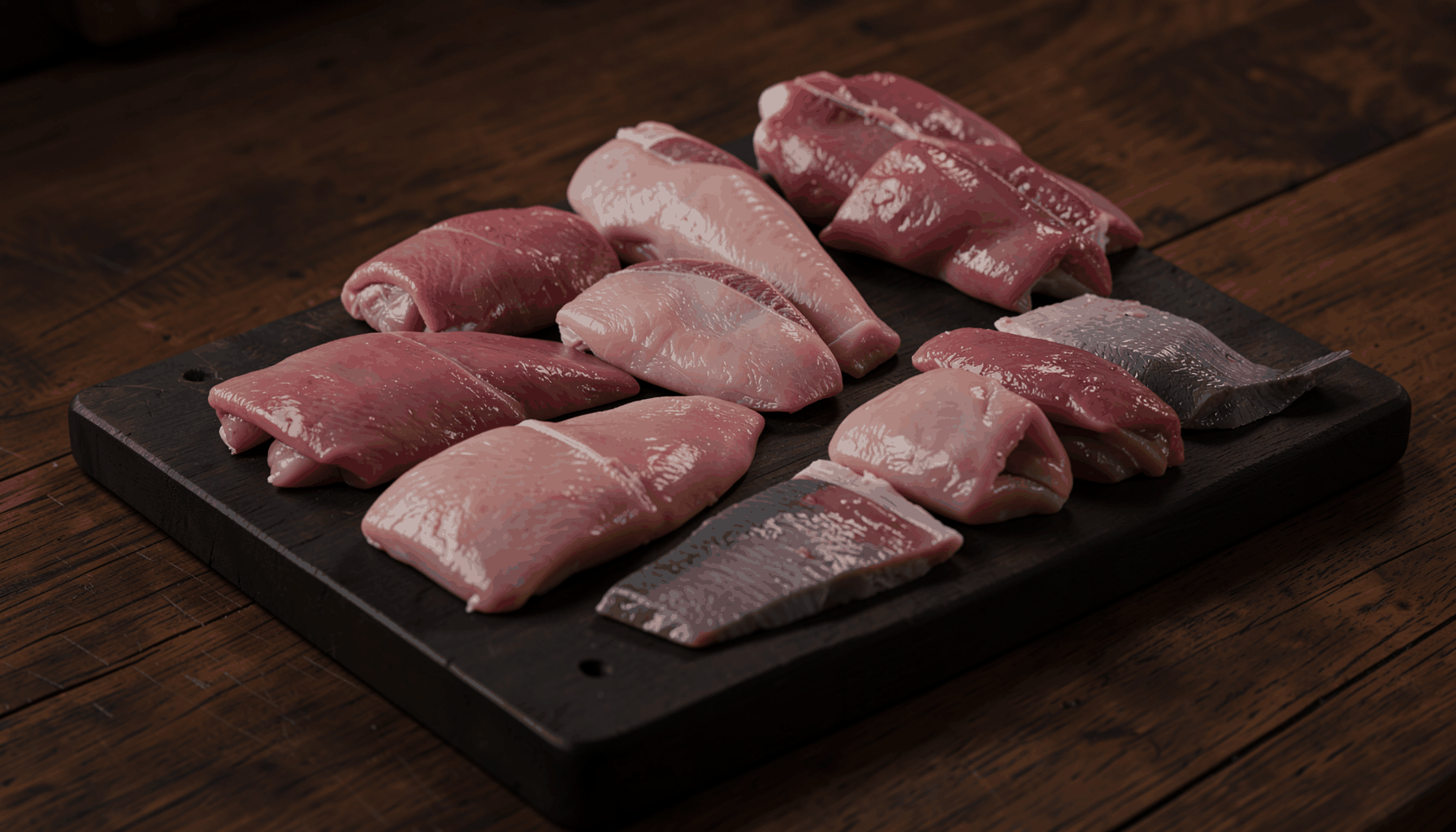 Assorted fresh raw chicken cuts, fish fillets, and mutton pieces arranged on a dark butcher-block surface, deep reds and pale pinks against rich brown wood, warm low-key lighting