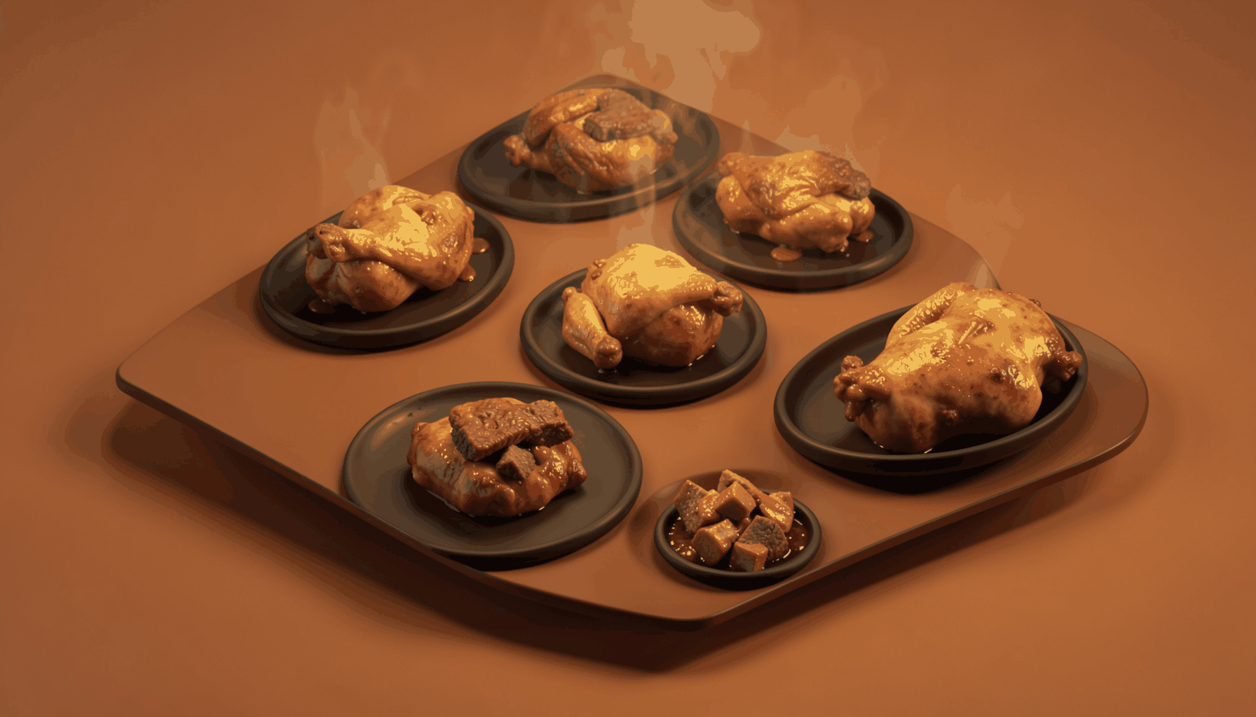 Isometric render of warm terracotta and golden-brown cooked chicken and mutton dishes arranged on dark plates, steam rising, cozy amber lighting
