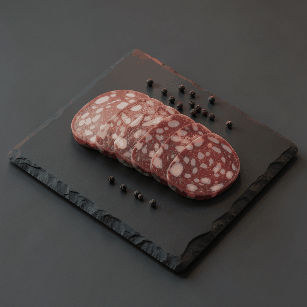 An isometric 3D render of sliced chicken pepper salami arranged on a dark slate board, with scattered black peppercorns and a warm amber glow highlighting the marbled texture of the meat.
