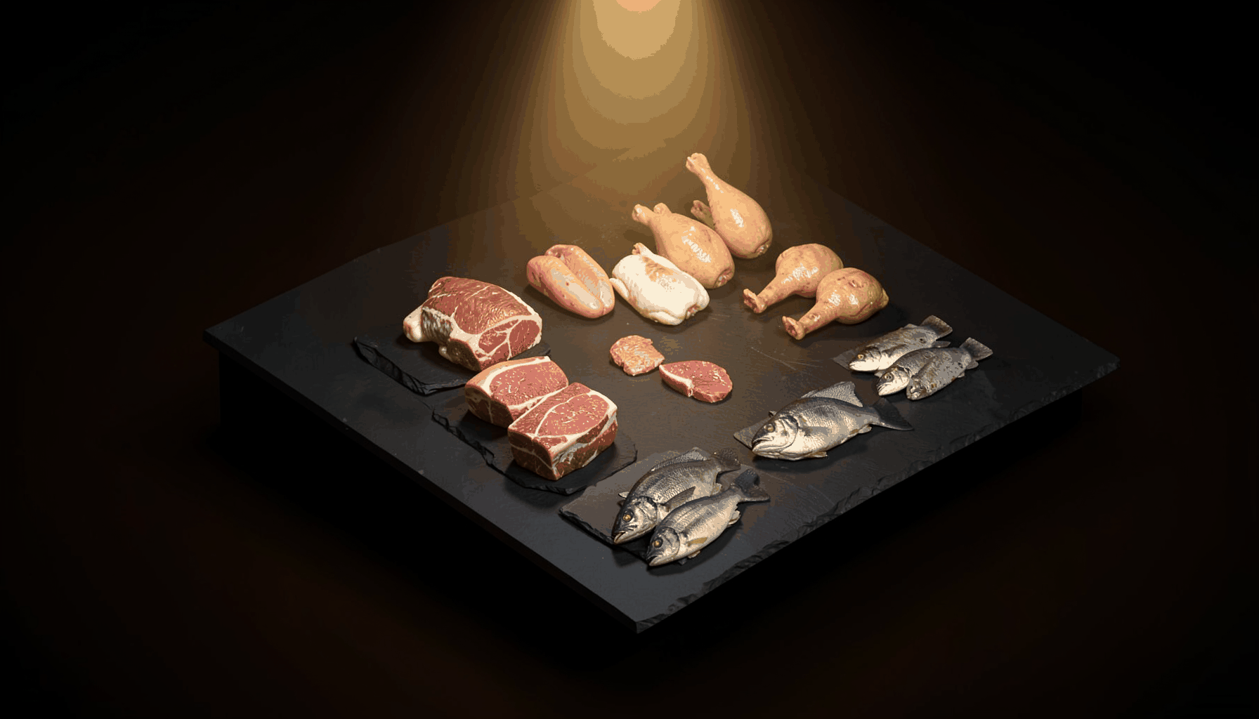 Isometric 3D render of a dark butcher's display counter with fresh cuts of red meat, whole chickens, and fish fillets arranged on a charcoal slate surface, warm amber spotlighting from above, moody deep brown and near-black background