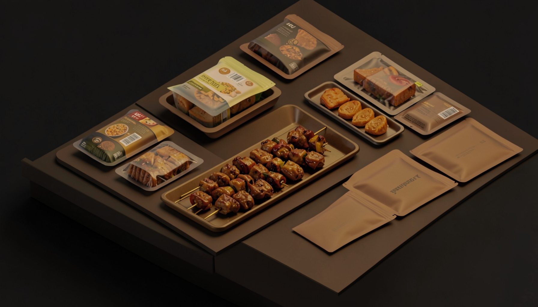 A warm isometric 3D render of a kitchen countertop with neatly arranged frozen food packs, marinated skewers on a tray, and sealed ready-to-heat pouches, all in deep amber and charcoal tones against a dark background.
