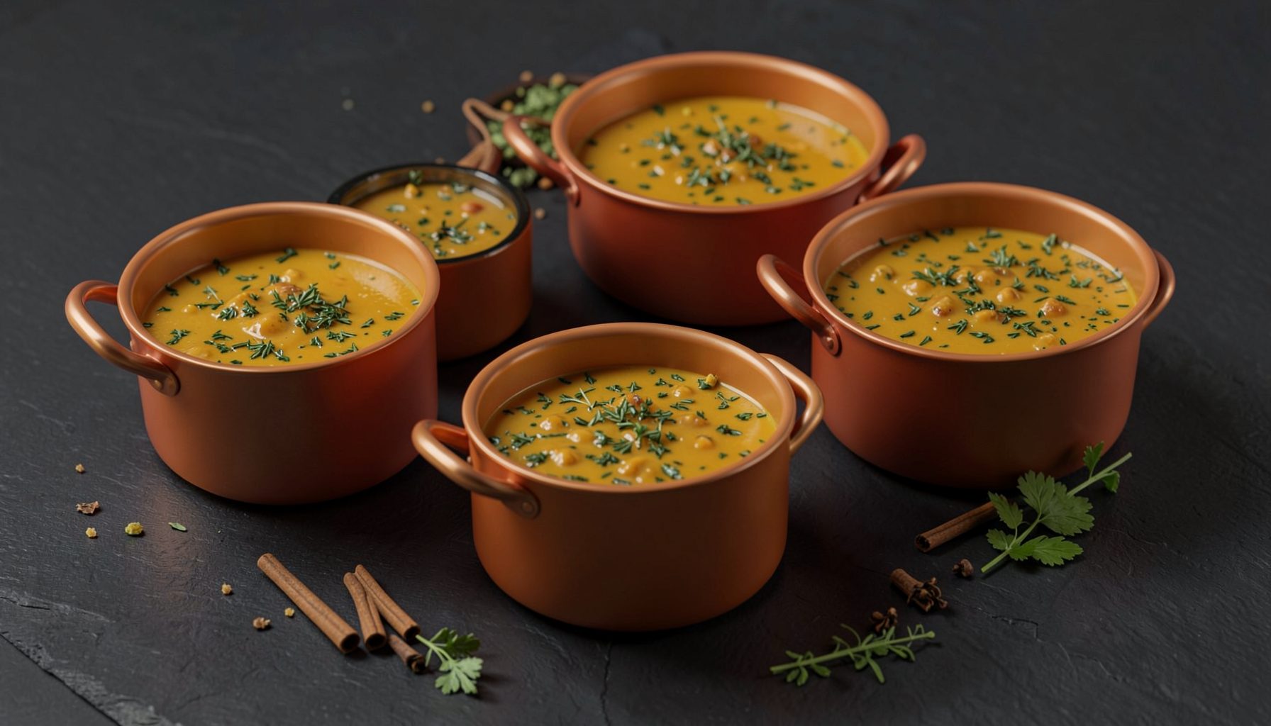 Warm isometric 3D render of copper and terracotta cooking pots filled with rich golden gravies and herb-flecked marinades, arranged on a dark slate surface with scattered whole spices and fresh green herbs, moody warm lighting