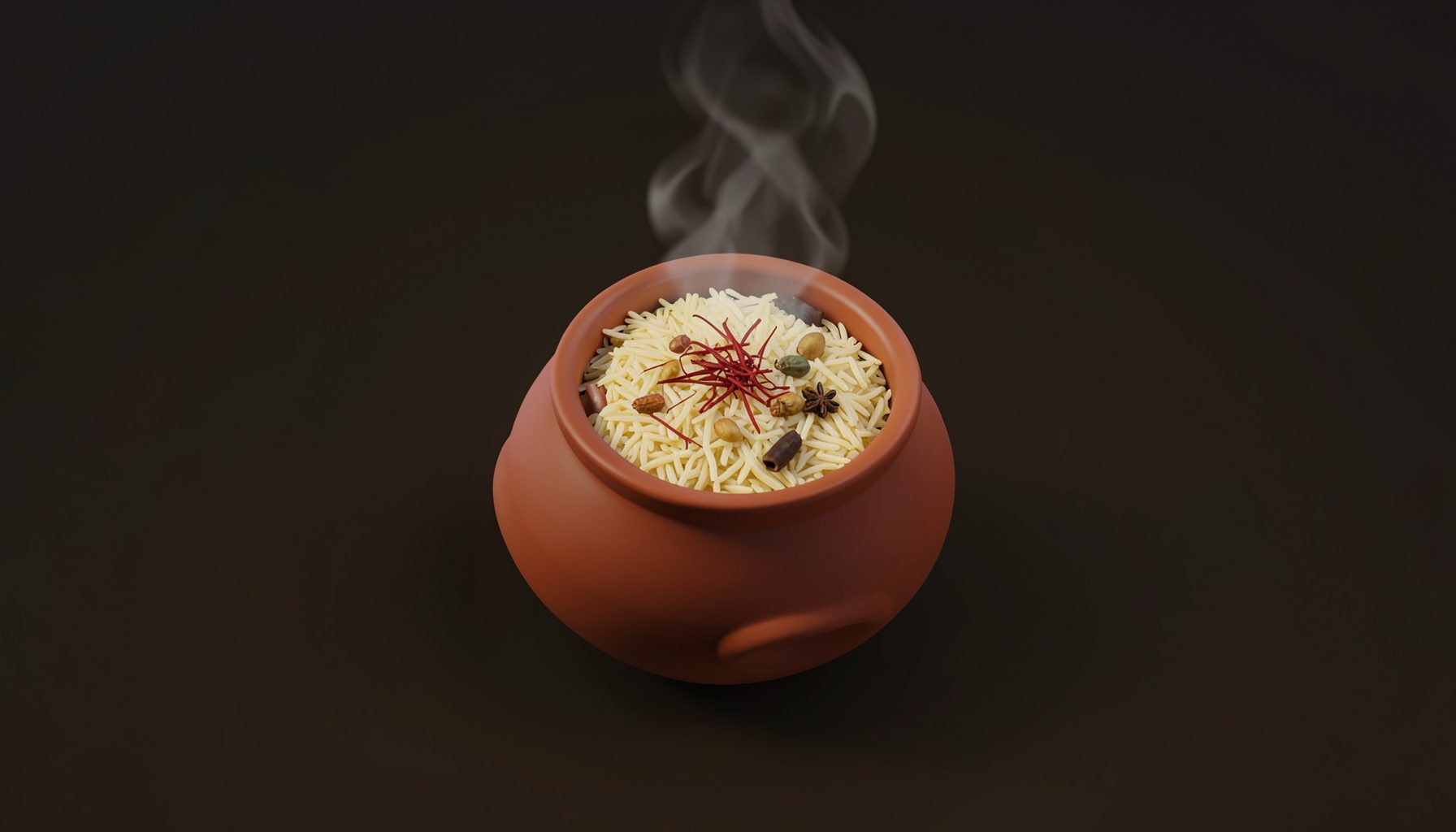 A warm isometric 3D render of a traditional handi pot with steam rising above a bed of fragrant basmati rice, saffron strands, and whole spices, set against a dark moody background with deep amber and charcoal tones.