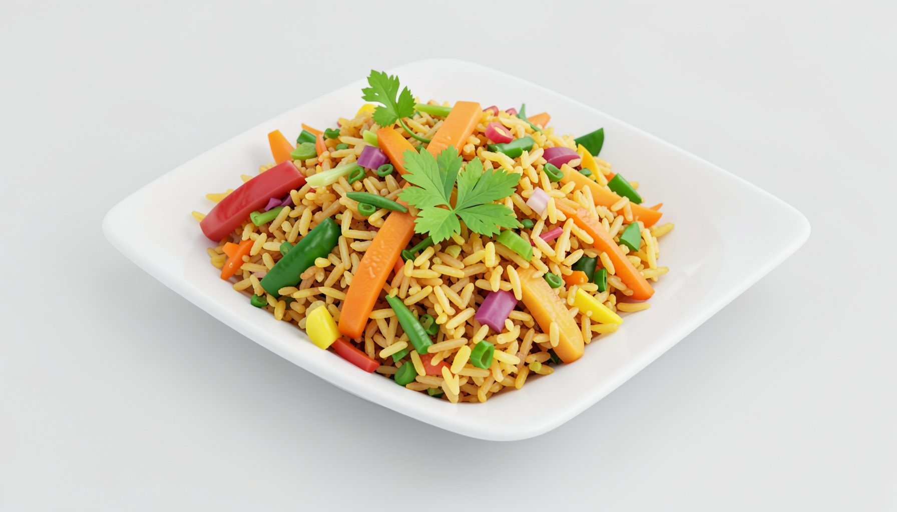 Isometric 3D render of a vegetarian biryani with colourful vegetables, golden rice, and fresh herbs, bright green and saffron hues.