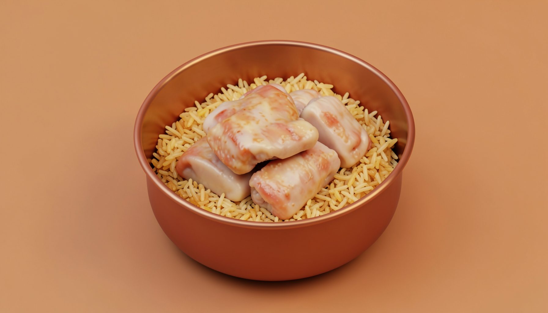 Isometric 3D render of tender chicken pieces layered with golden rice in a copper pot, warm amber and terracotta tones.