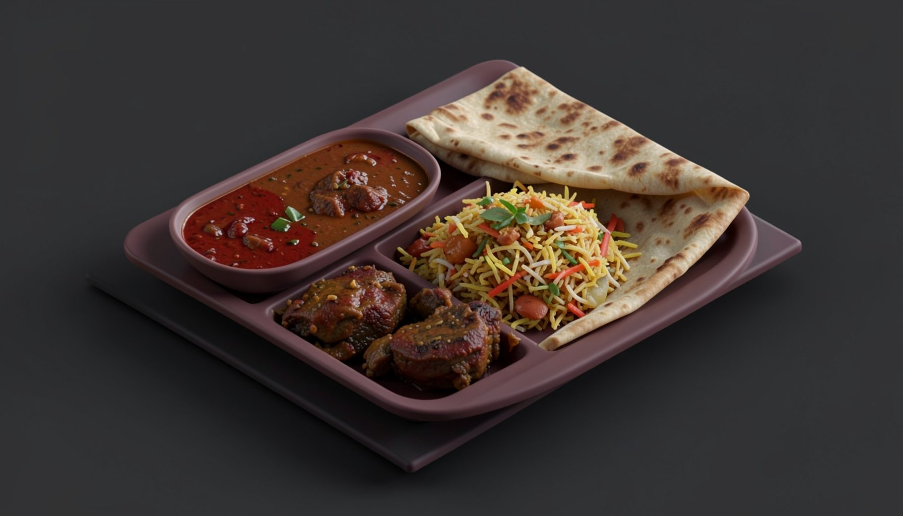 Isometric 3D render of a mutton combo set with curry, biryani, and flatbread, rich deep reds and earthy browns against a dark slate backdrop.