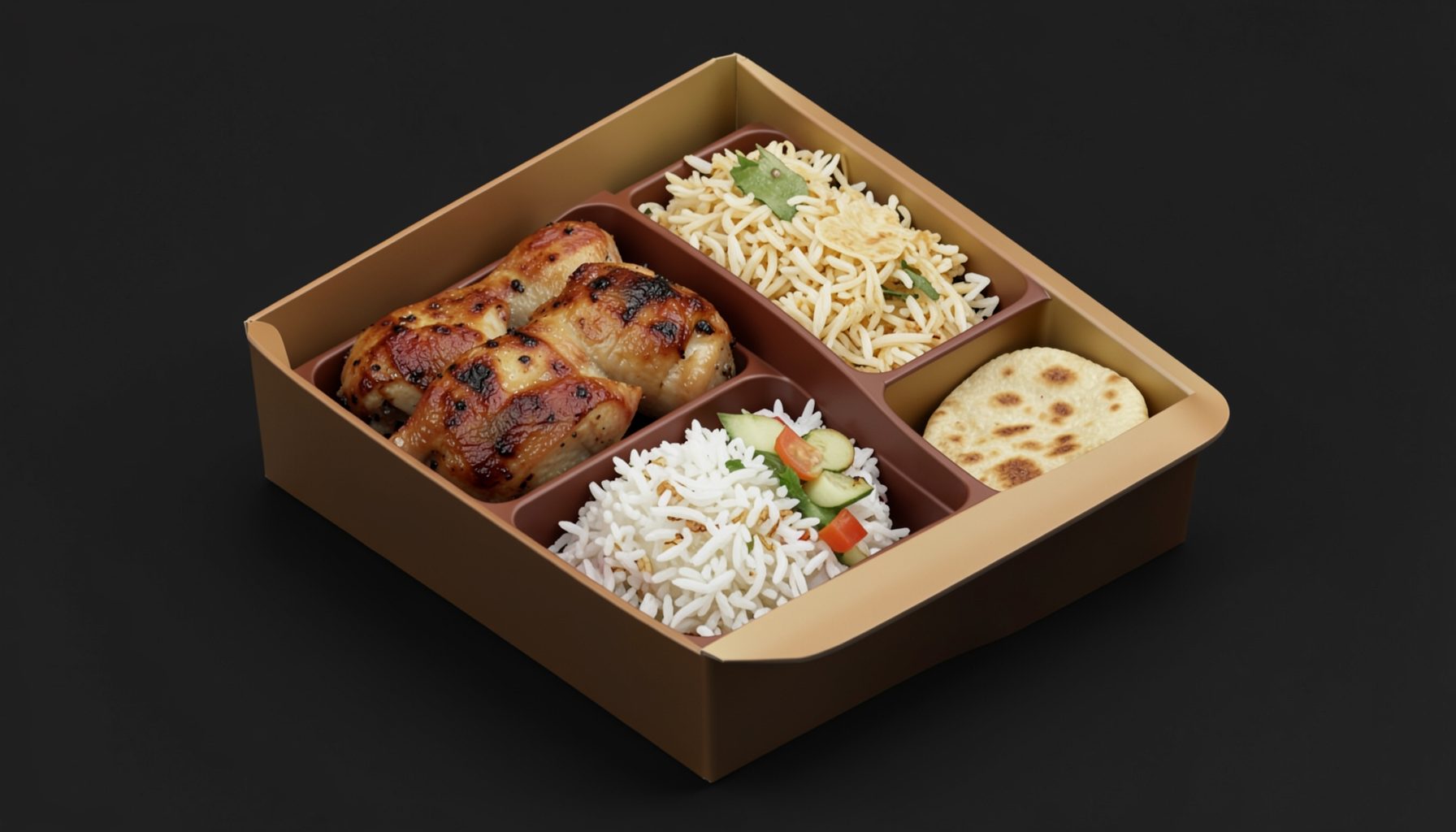 Isometric 3D render of a family meal combo box with compartments holding grilled chicken, rice, and naan, in warm browns and golds on a dark background.