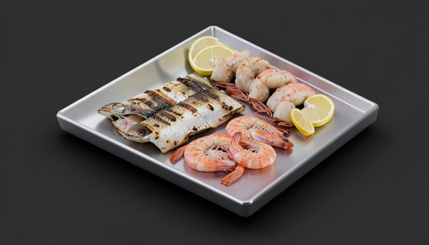 Isometric 3D render of a seafood combo platter with grilled fish, prawns, and lemon wedges, cool silver and coral tones on a dark surface.