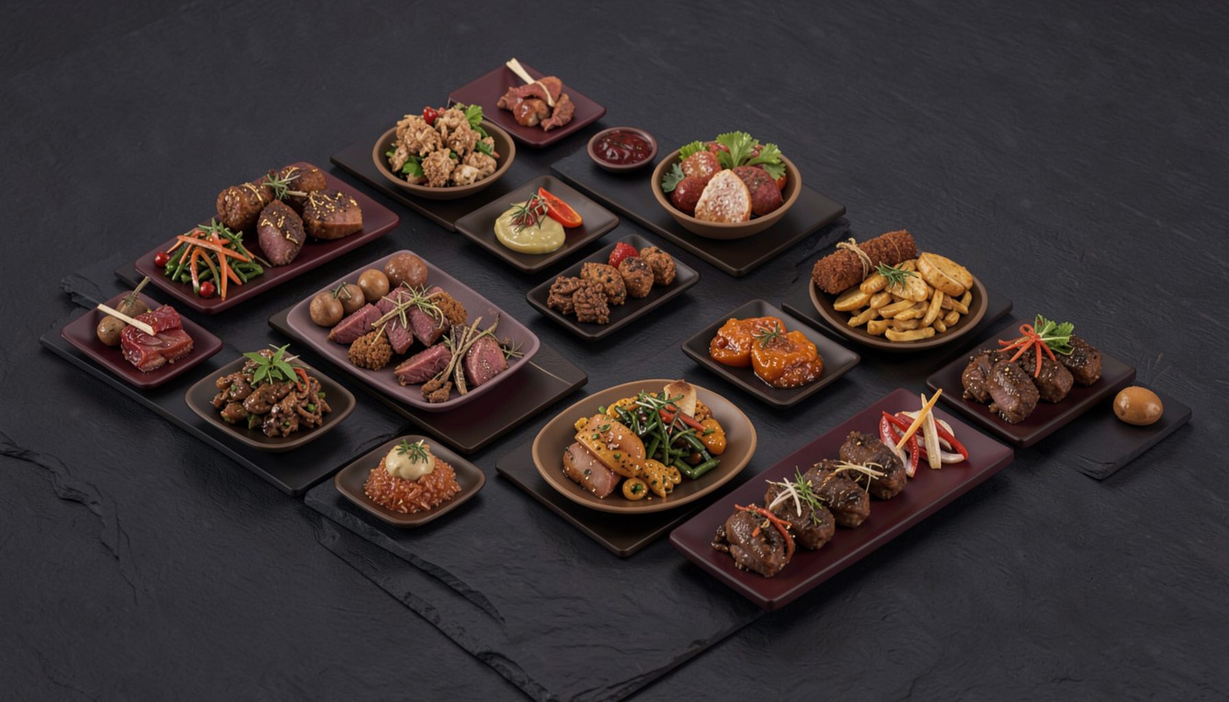 Isometric 3D render of curated food platters arranged in neat rows on a dark slate surface, featuring warm amber and deep burgundy tones with subtle golden highlights, conveying a premium combination-meal presentation.