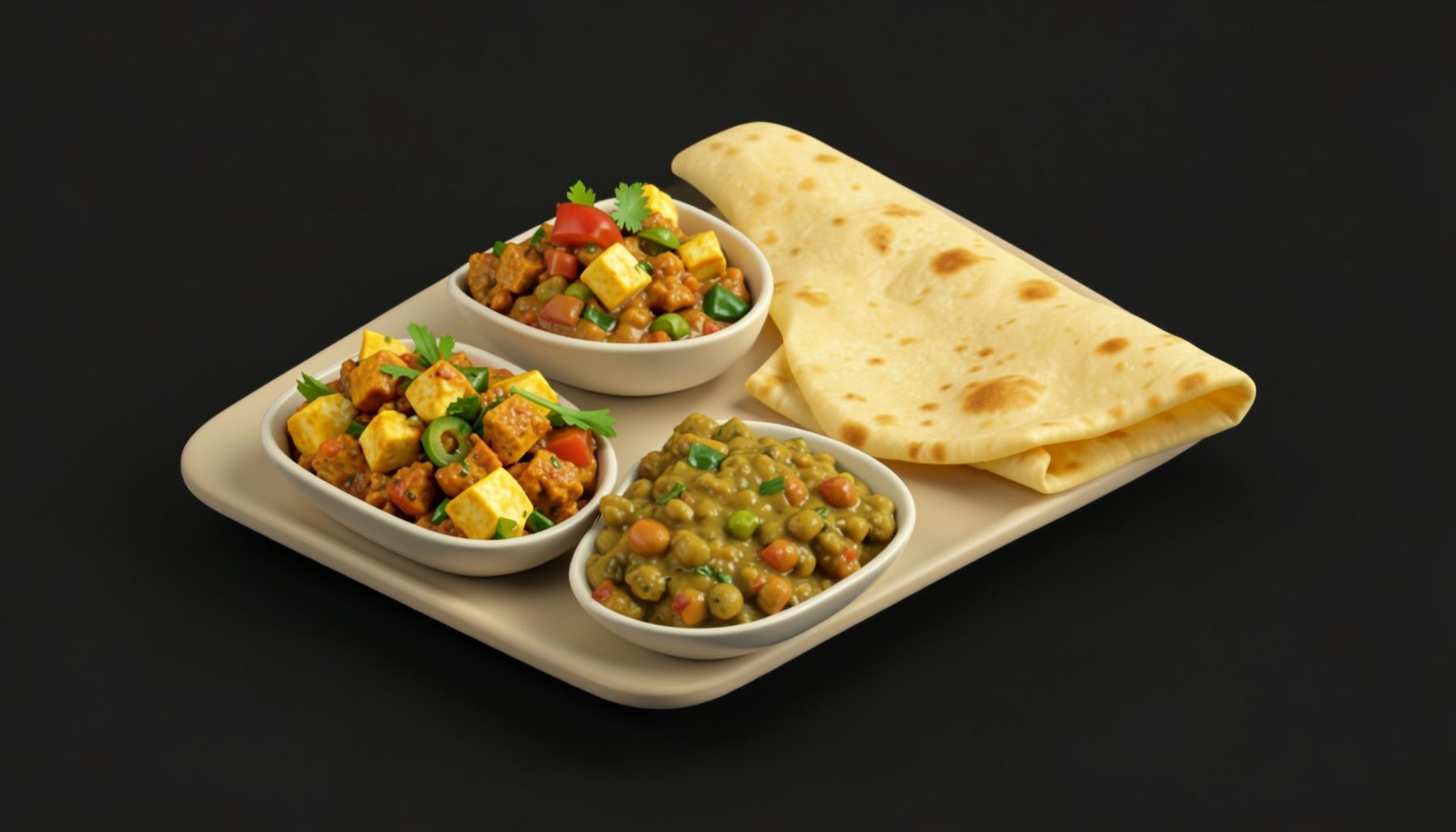 Isometric 3D render of a vegetarian combo with paneer tikka, dal, and naan, warm golden and green tones on a dark background.