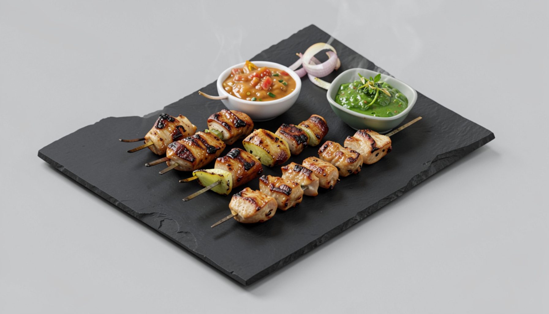 Isometric 3D render of a grill combo with assorted kebabs, chutney, and onions, smoky charred edges and vibrant green accents on a dark slate plate.
