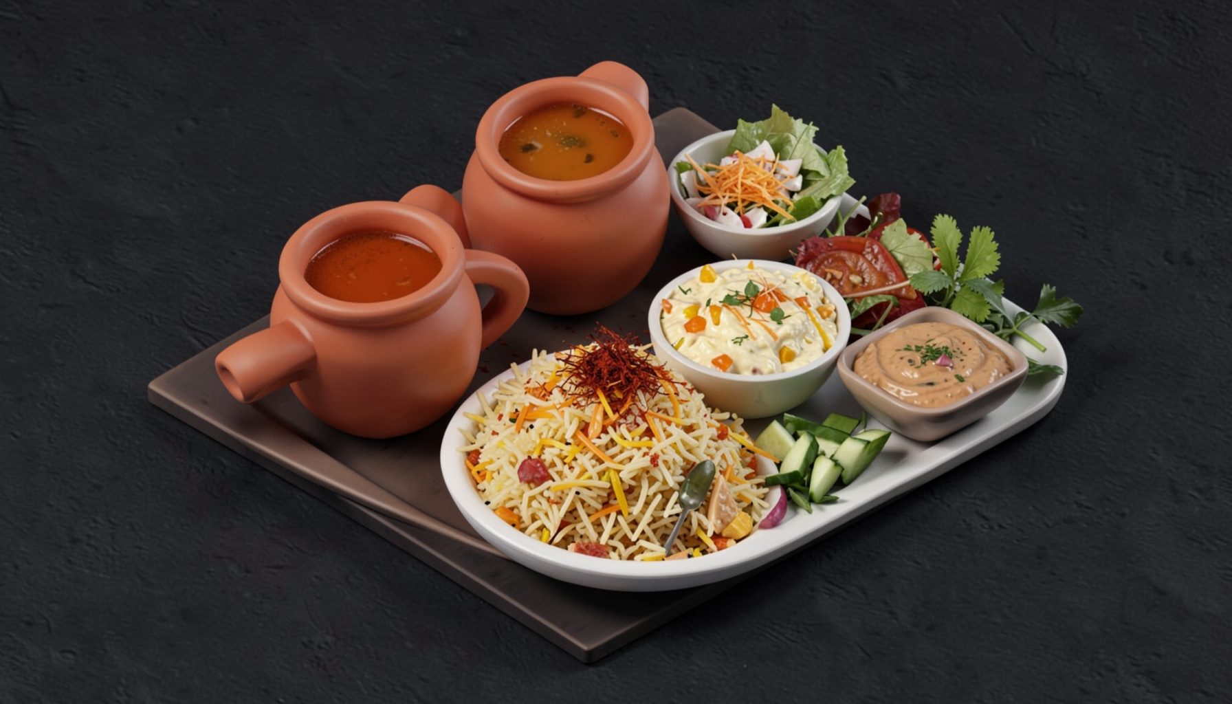 Isometric 3D render of a biryani combo with two clay pots, raita, and salad, warm saffron and cream tones on a dark textured background.