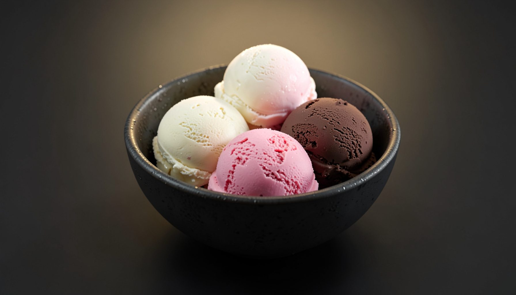 Three scoops of pale vanilla, strawberry-pink, and chocolate ice cream in a dark ceramic bowl on a moody charcoal surface, with soft golden backlight and subtle condensation on the bowl.
