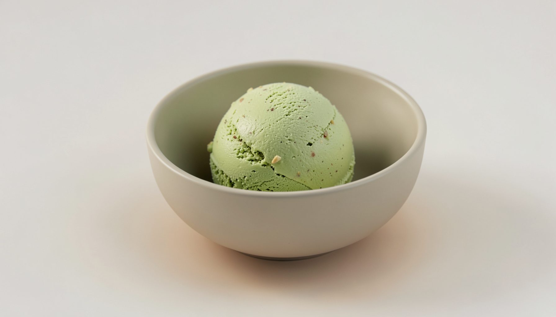 Pale green pistachio low-cal ice cream with subtle nutty texture in a minimalist bowl, warm amber side-light.