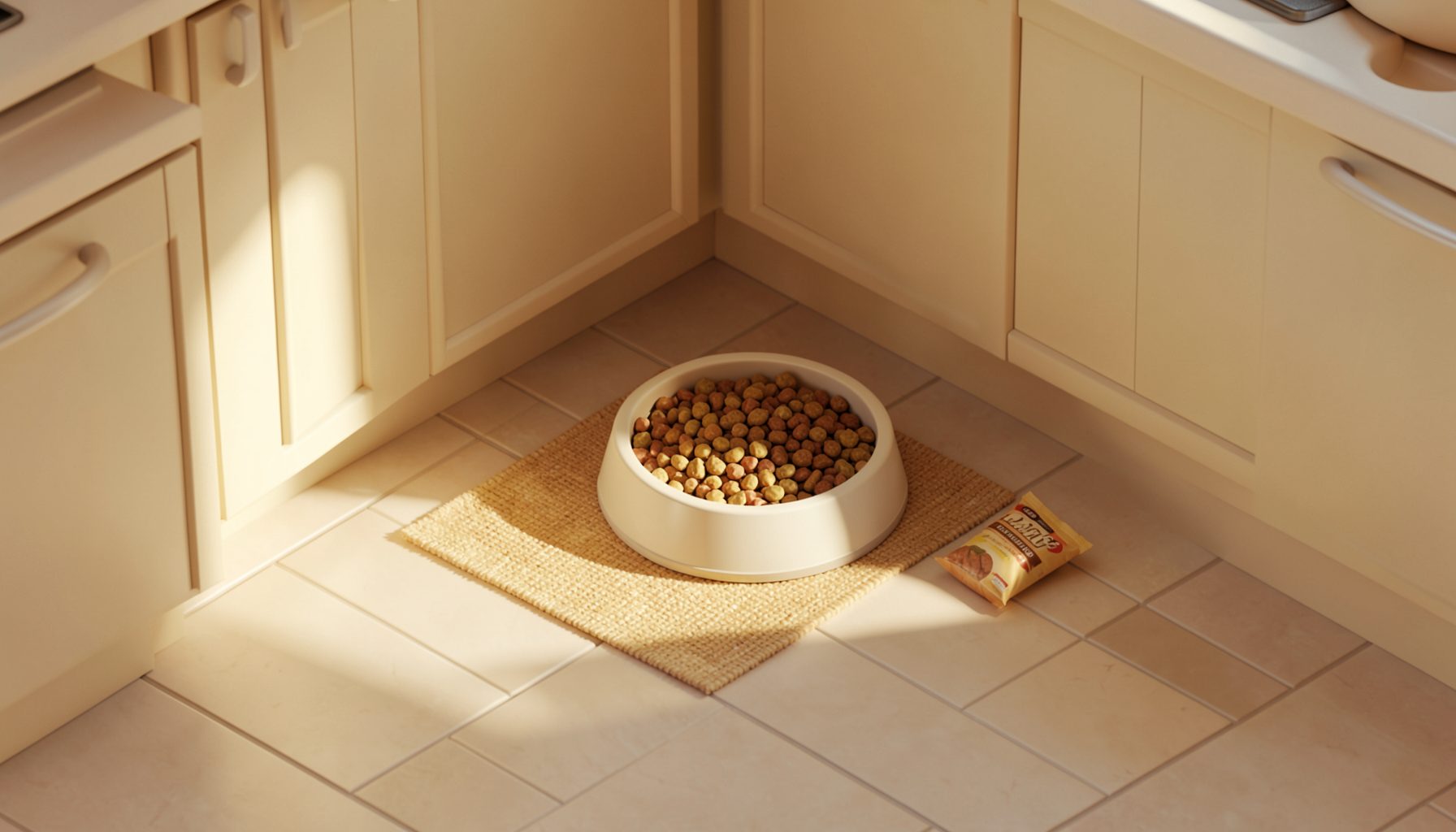 A warm isometric 3D render of a cozy kitchen corner with a filled pet food bowl on a mat, a small bag of pet treats nearby, soft amber and cream tones, gentle morning light casting long shadows across the tiled floor