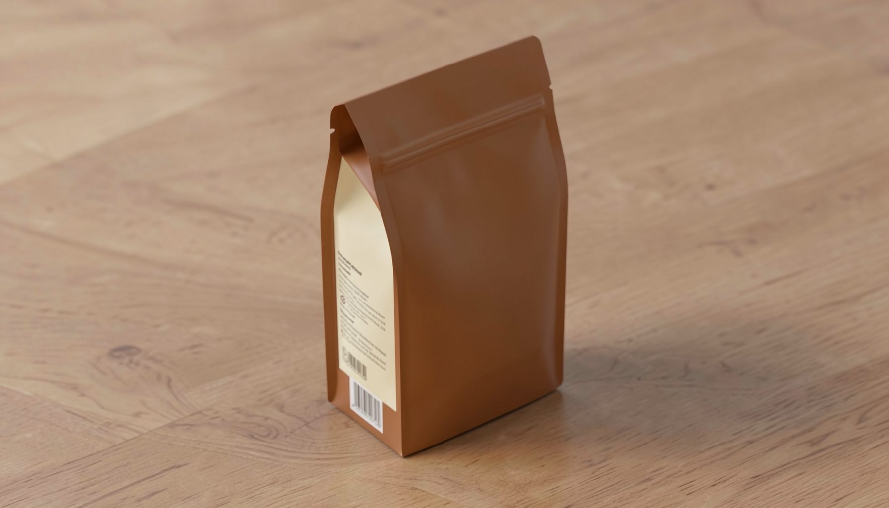 Isometric 3D render of a sealed bag of pet food standing upright on a wooden surface, warm brown and cream packaging, soft studio lighting