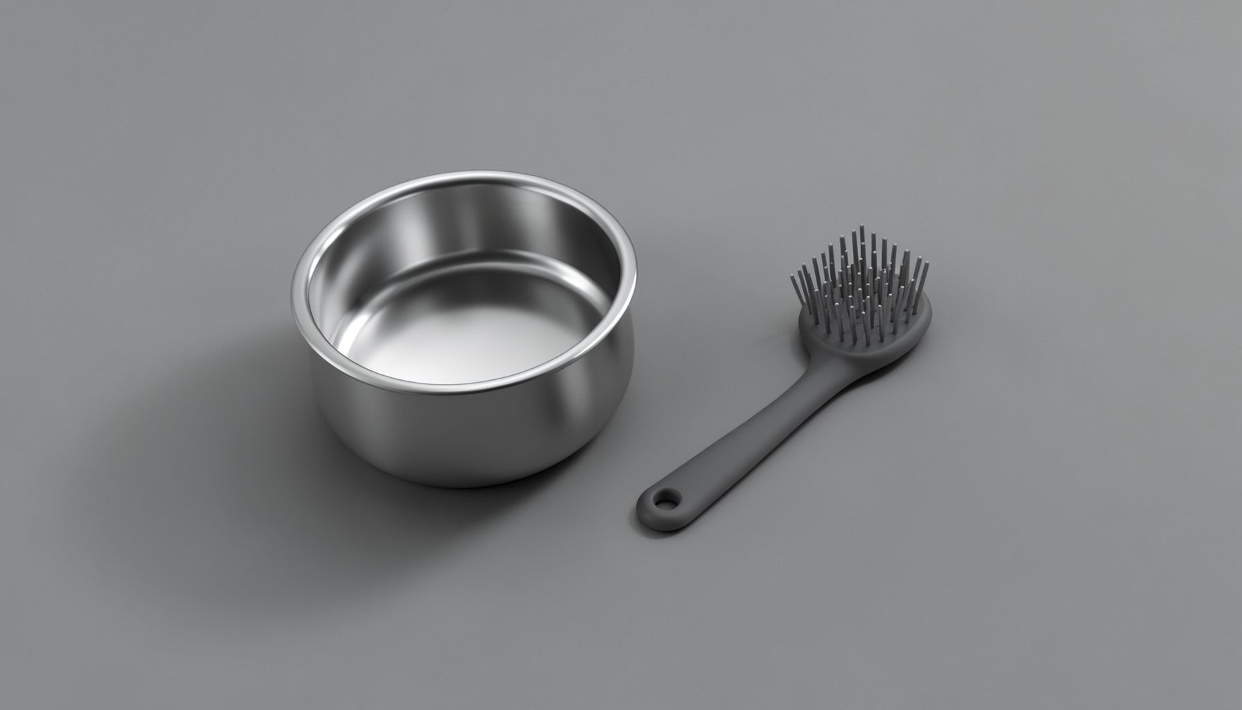 Isometric 3D render of a stainless steel pet bowl and a simple grooming brush on a clean surface, muted silver and charcoal tones, diffused lighting