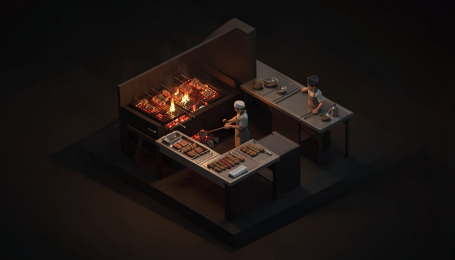 Isometric 3D render of a live barbecue grill station with glowing embers, skewers, and a chef's prep table, set against a dark atmospheric backdrop with warm amber and deep charcoal tones.