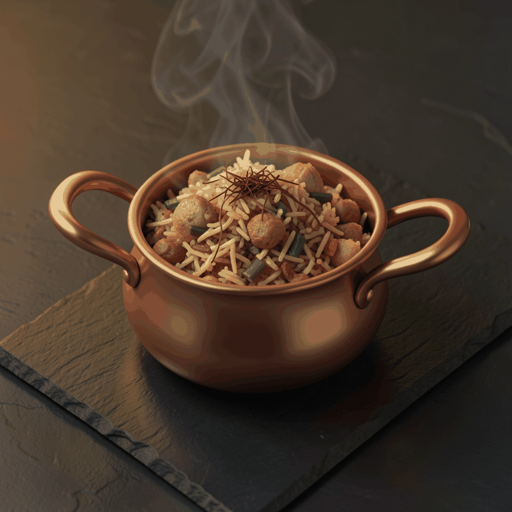Isometric 3D render of a copper handi pot filled with aromatic dum biryani, steam rising gently, saffron strands visible, set on a dark slate surface with moody amber lighting