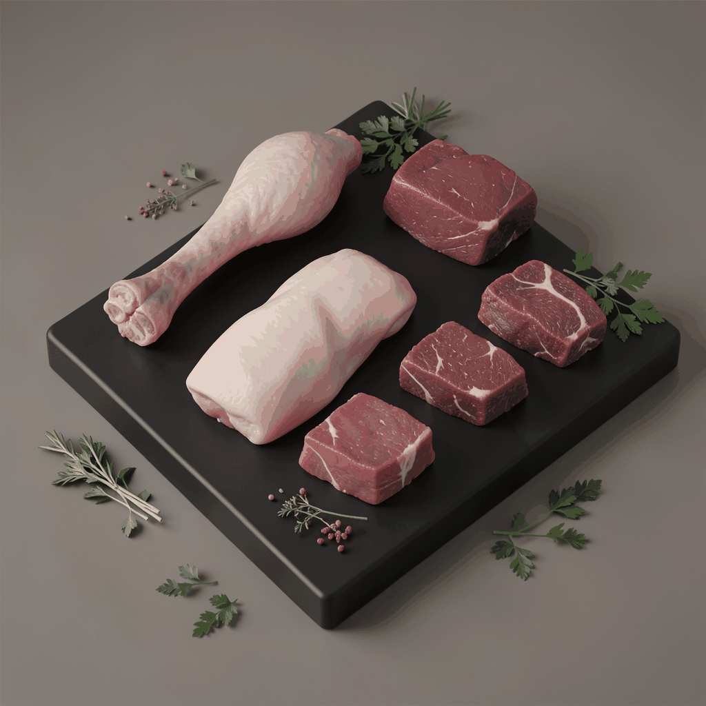 Isometric 3D render of assorted raw meat cuts — chicken drumsticks, boneless breast cubes, and mutton pieces — arranged on a dark butcher block with fresh herbs scattered around, deep browns and rich reds