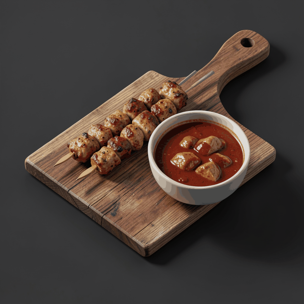 Isometric 3D render of a rustic wooden cutting board holding marinated chicken tikka skewers and a bowl of rich red butter chicken curry, warm golden and deep crimson tones against a dark charcoal backdrop